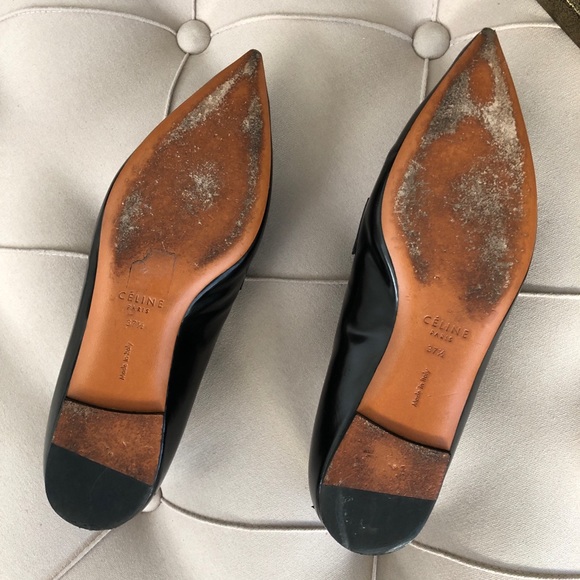 SOLD Celine Fall 2014 Pointed Toe Black Patent Loafer Flats 37.5 Old Celine Logo - Picture 11 of 12